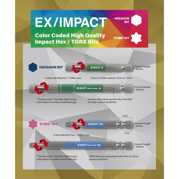 EX-IMPACT HIGH IMPACT HEX BIT 6.35MM SHANK 9MM GROOVE COLOR CODED, 2.5 X 100MM OAL PRPL